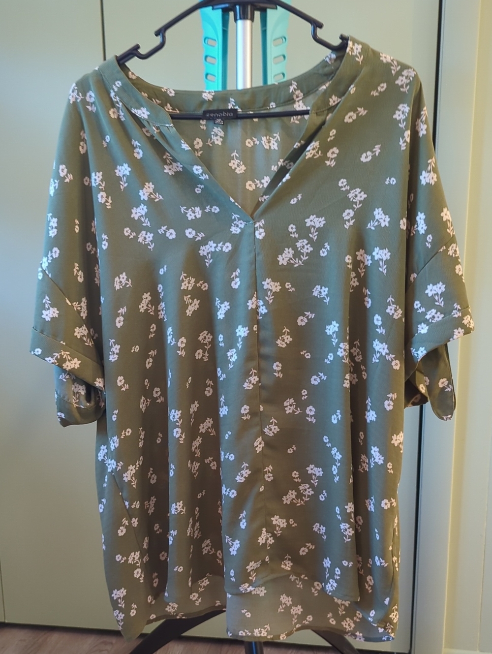 Zenobia Olive Green Floral V-Neck Tunic